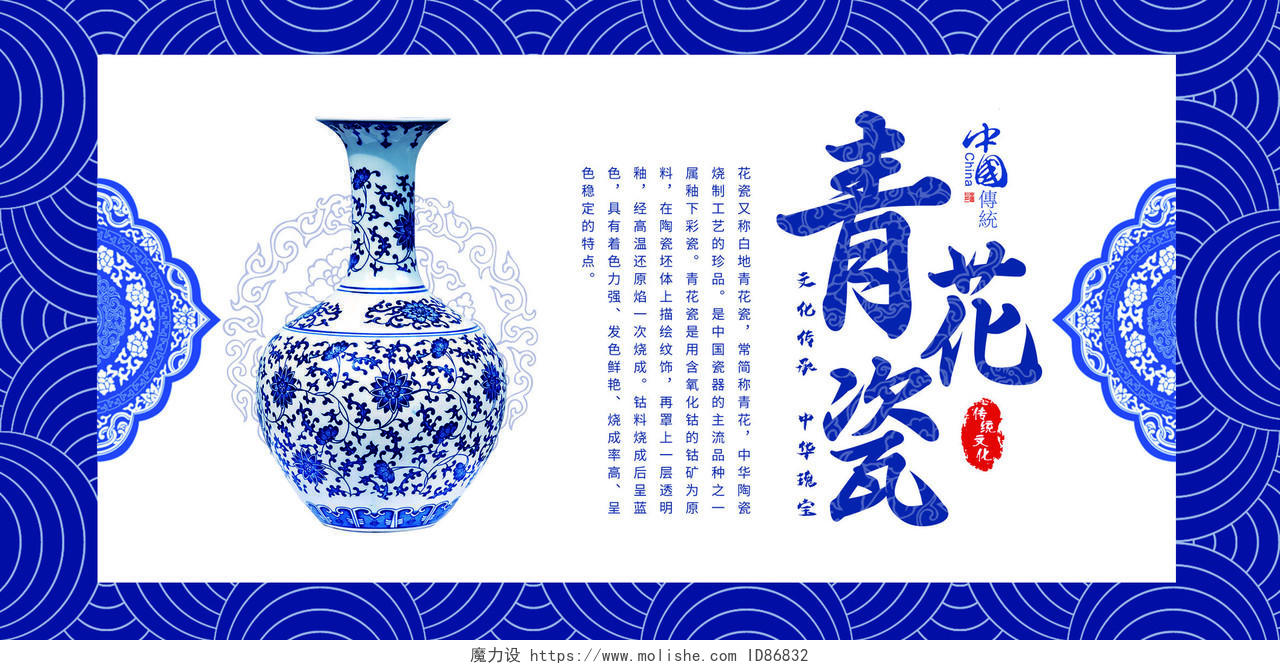 蓝色中国风青花瓷展板